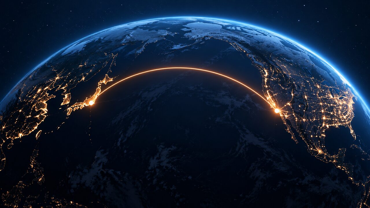 Night view of Earth from space with city lights in Japan and the United States connected by a glowing arc across the Pacific.
